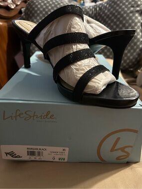 Life Stride Black Strappy Mid-Heel Slide